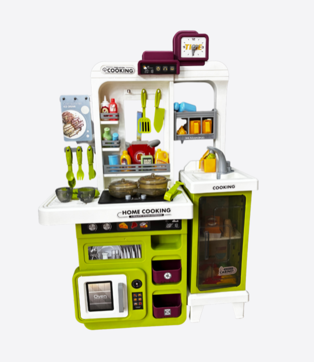 Cuisine de jeu pour enfants avec accessoires de cuisine, évier, four, horloge et ustensiles. Un jouet éducatif idéal pour stimuler l’imagination et les jeux de rôle.