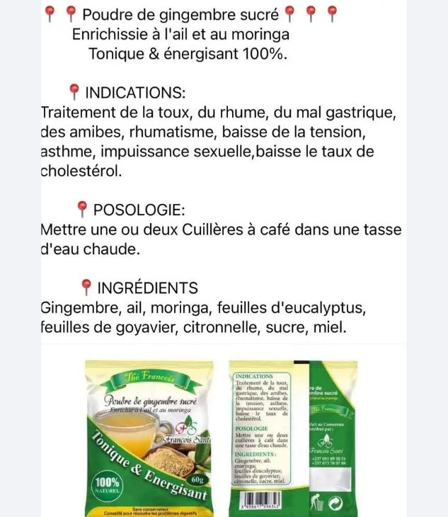 Thé francois - poudre de gingimbre sucré enrichie à l'ail et au moringa