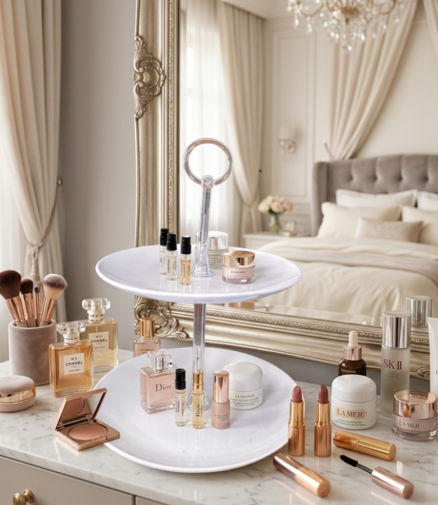 Petit présentoir décoratif 2 niveaux en céramique , idéal pour exposer vos parfums, produits de beauté ou vos petit gâteau et cupcakes pour une réception.