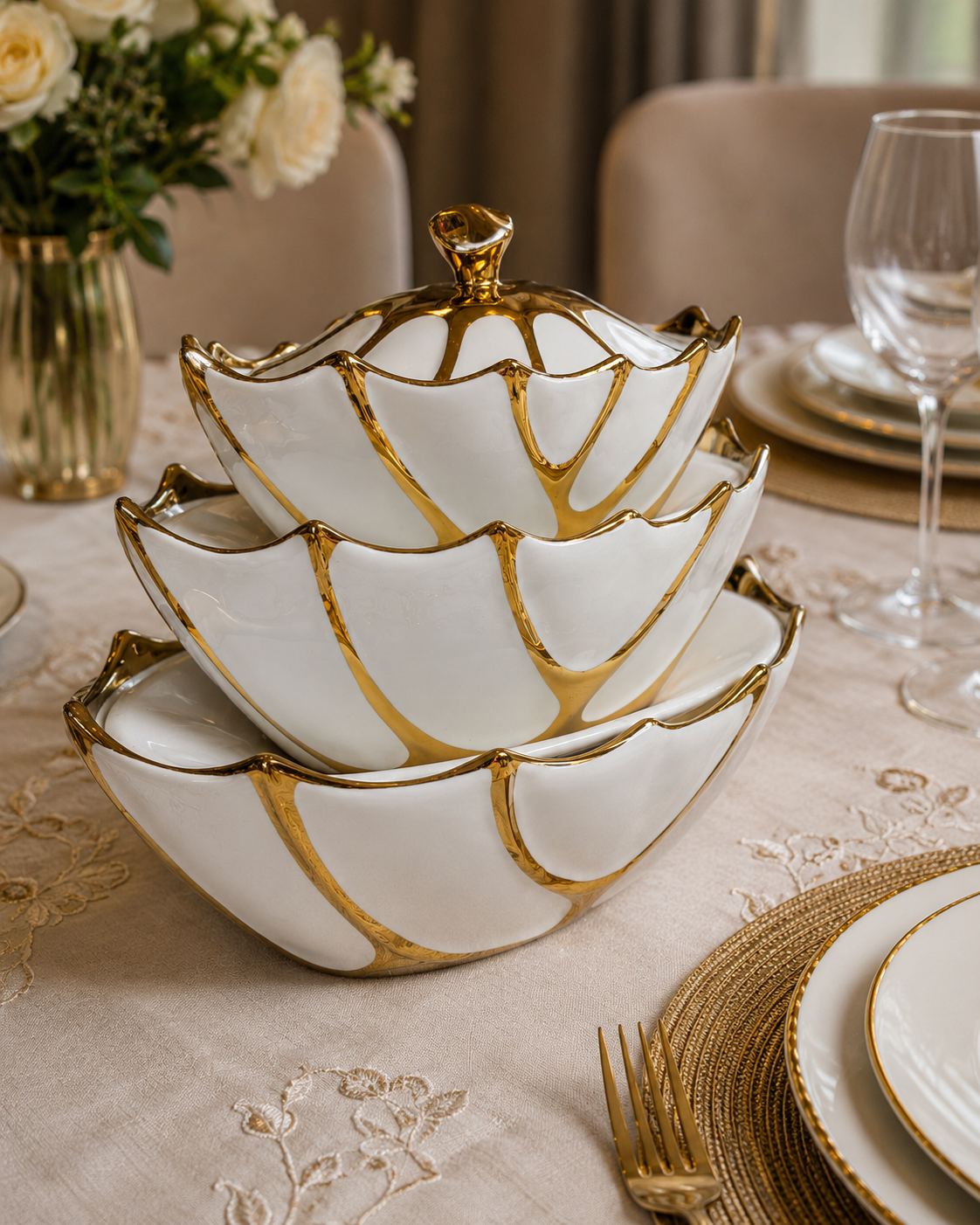 Lot de 3 soupière en porcelaine couleur blanc et or pour vos convives distinguées. Une grande soupière, un moyen, et un petit.