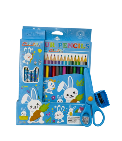 Paquet de 12 crayon de couleurs et de 6 crayon, avec un ciseau et un taille crayon
