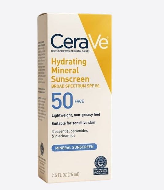 CeraVe Lait solaire minéral hydratant SPF 50 corps, à base de dioxyde de titane et d’oxyde de zinc. Il forme une barrière protectrice qui réfléchit les UVA et UVB, tout en protégeant efficacement les peaux sensibles sans irritation.