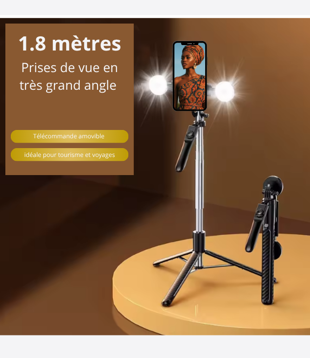 Trépied pour selfie avec télécommande et 2 lumières, trépieds pour téléphone portable, baton selfie de voyage
